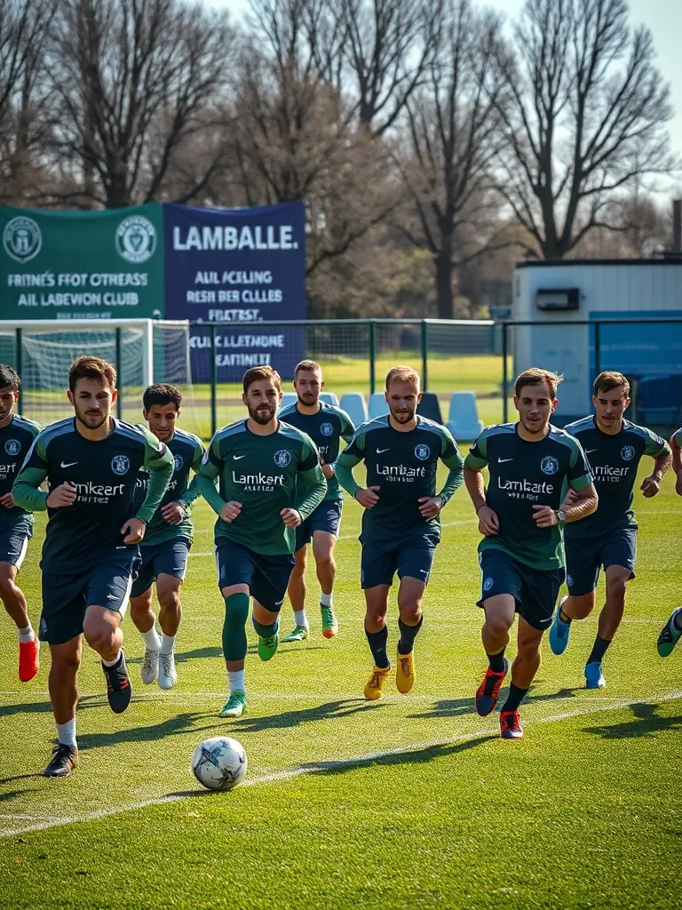 A vibrant image of LAMBALLE F.C. members participating in a training session, showcasing their energy and enthusiasm for the sport, set against the backdrop of the club's facilities.