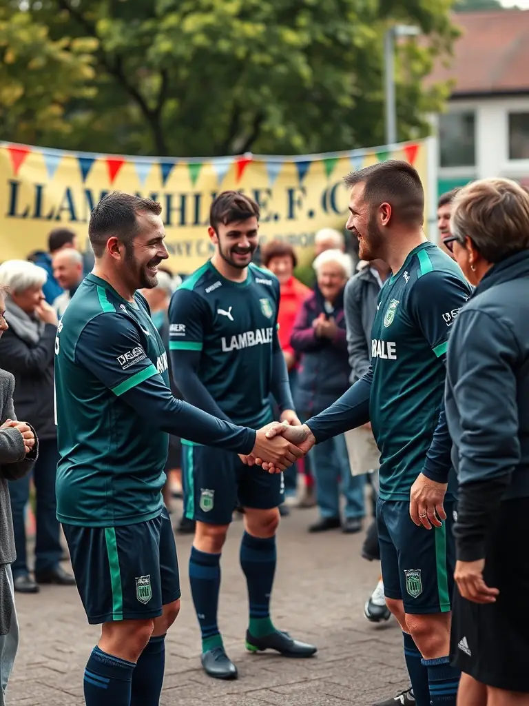 An engaging image of LAMBALLE F.C. members interacting with local community members during a club event, highlighting the club's involvement and positive impact on the local area.