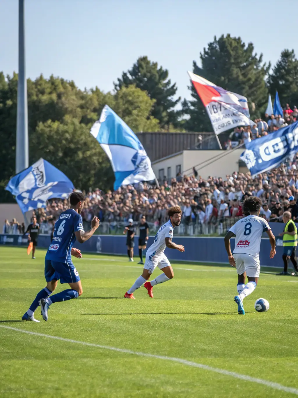 Image of Lamballe F.C.'s senior team during a competitive match, showcasing the team's unity and determination, with the club's logo prominently displayed on their jerseys.