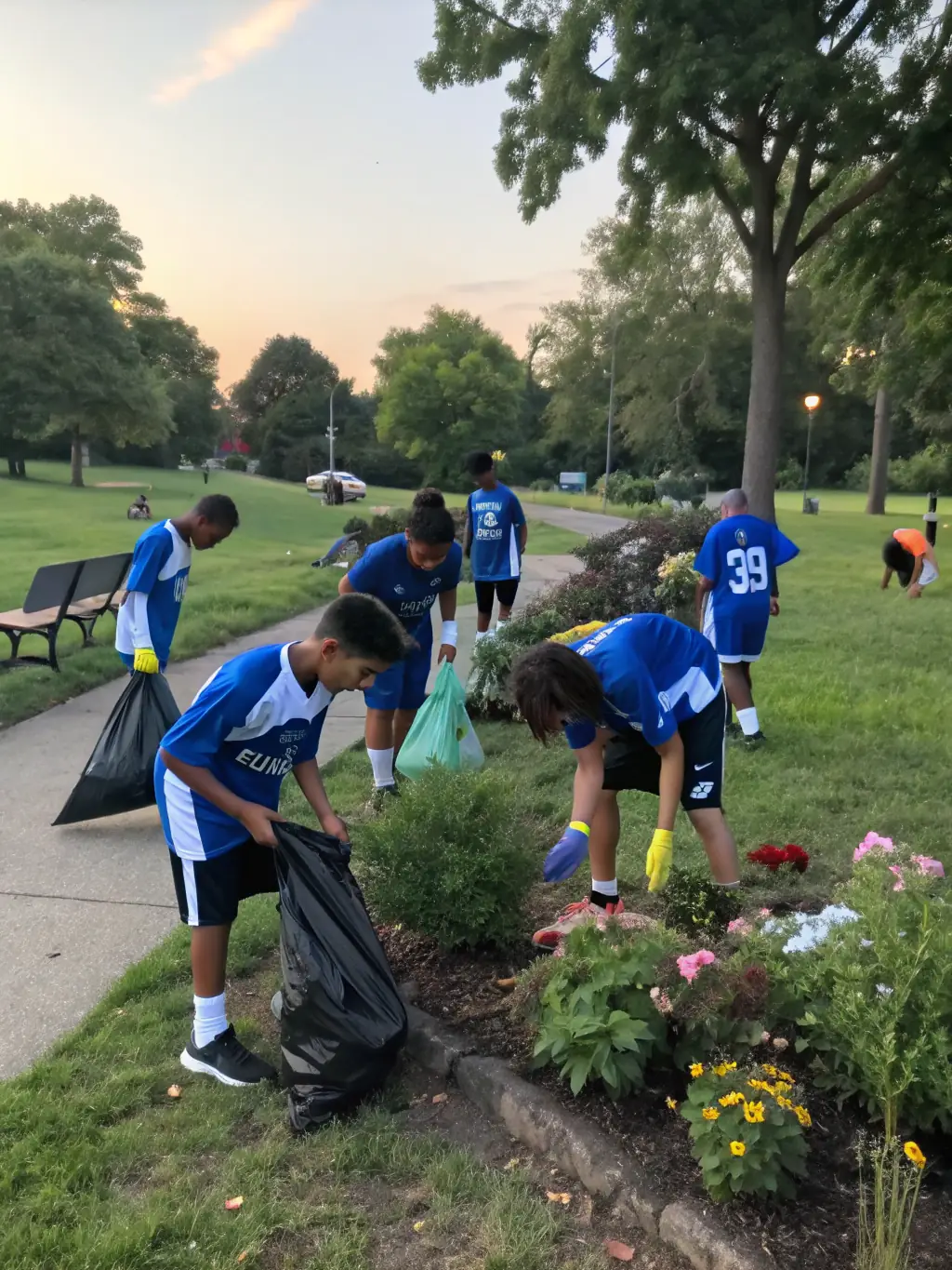 A group of Lamballe F.C. members participating in a community outreach program, such as a park cleanup or a food drive, demonstrating the club's commitment to social responsibility.