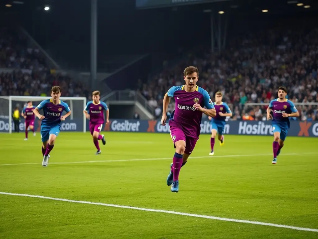 An action shot of LAMBALLE F.C. teenage players during a competitive match, demonstrating their skills and determination.