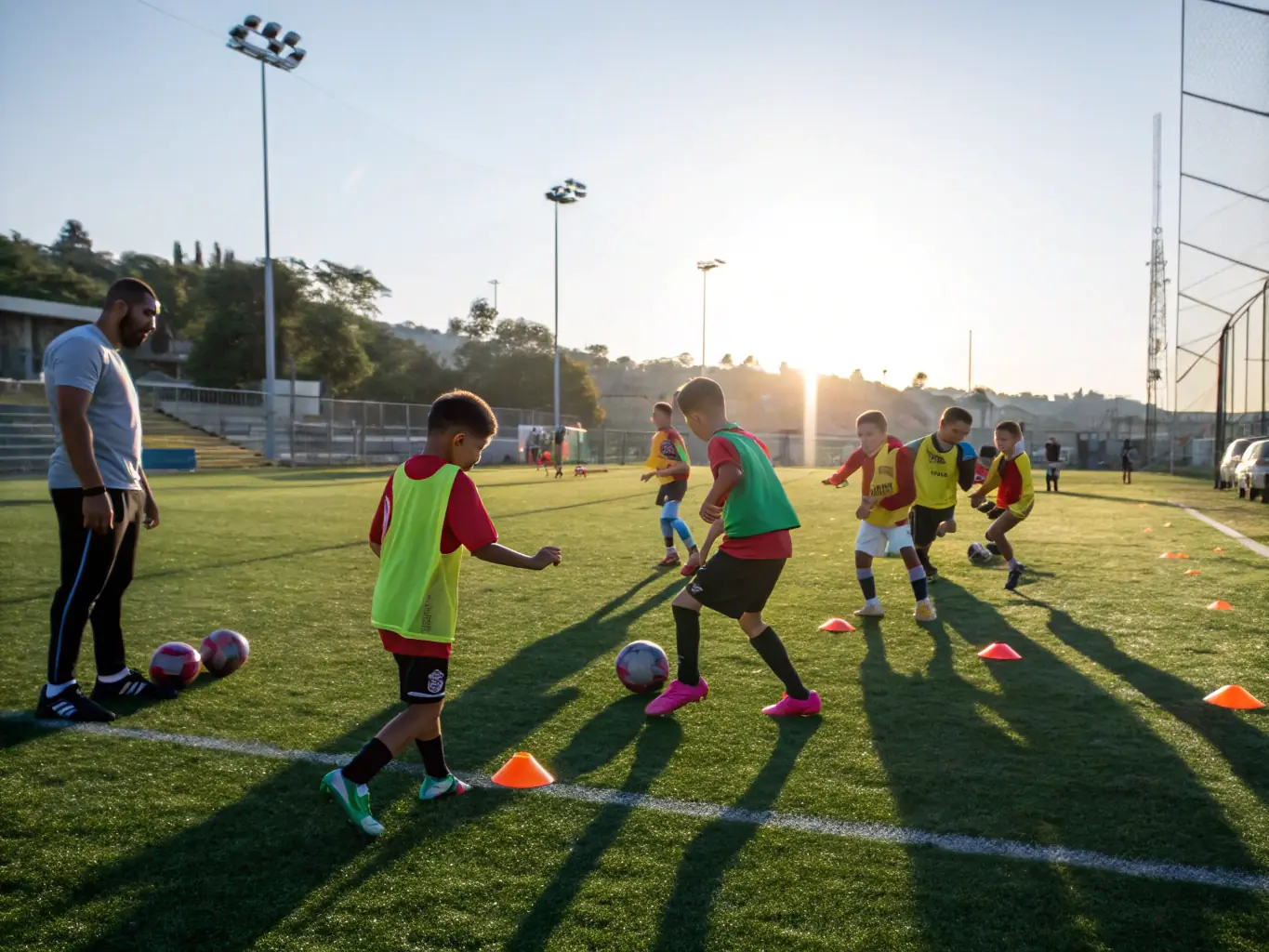 An action-packed image of players participating in a LAMBALLE F.C. specialized training camp, focusing on specific skills such as shooting, dribbling, and defending, under the guidance of experienced coaches.