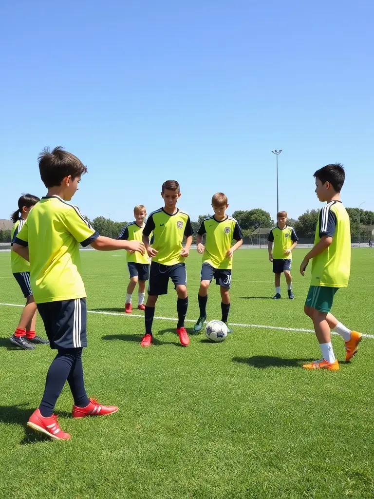 Action shot of young children participating in a Lamballe F.C. youth soccer clinic, focusing on fundamental skills like dribbling and passing, set against the backdrop of the club's training grounds.