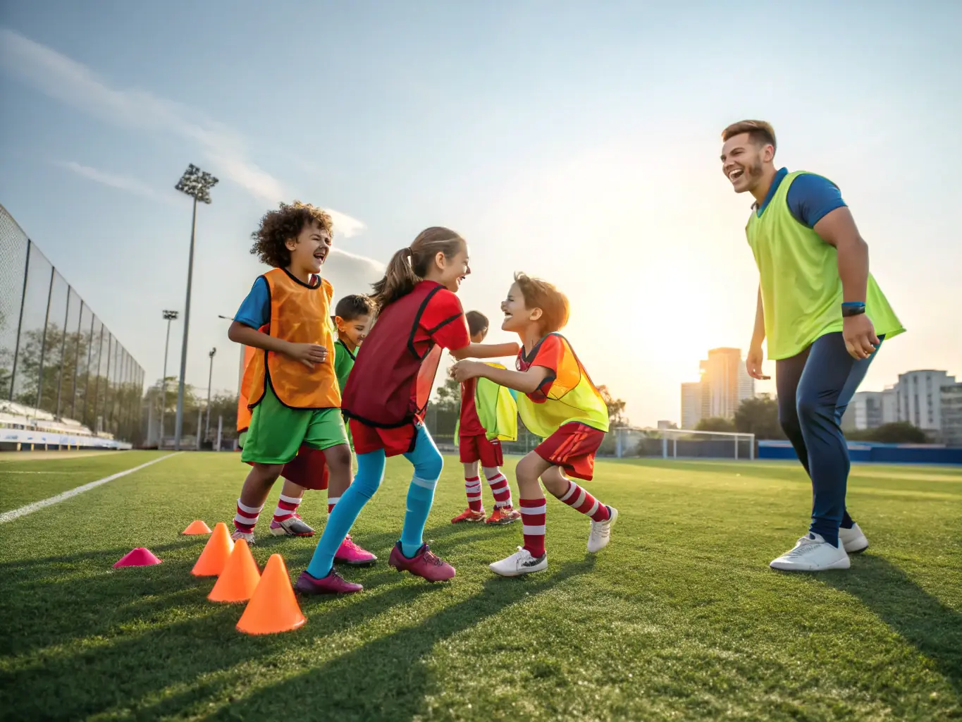 A vibrant image of young children participating in a LAMBALLE F.C. youth soccer training session, with coaches providing guidance and encouragement, set against the backdrop of a sunny day at the local football field.