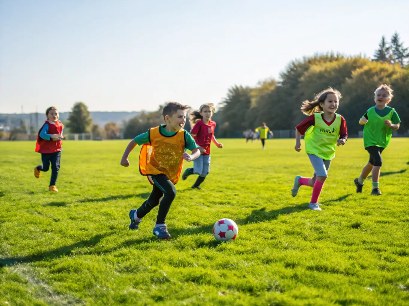 A vibrant image of young children participating in a LAMBALLE F.C. football training session, showcasing their enthusiasm and teamwork.