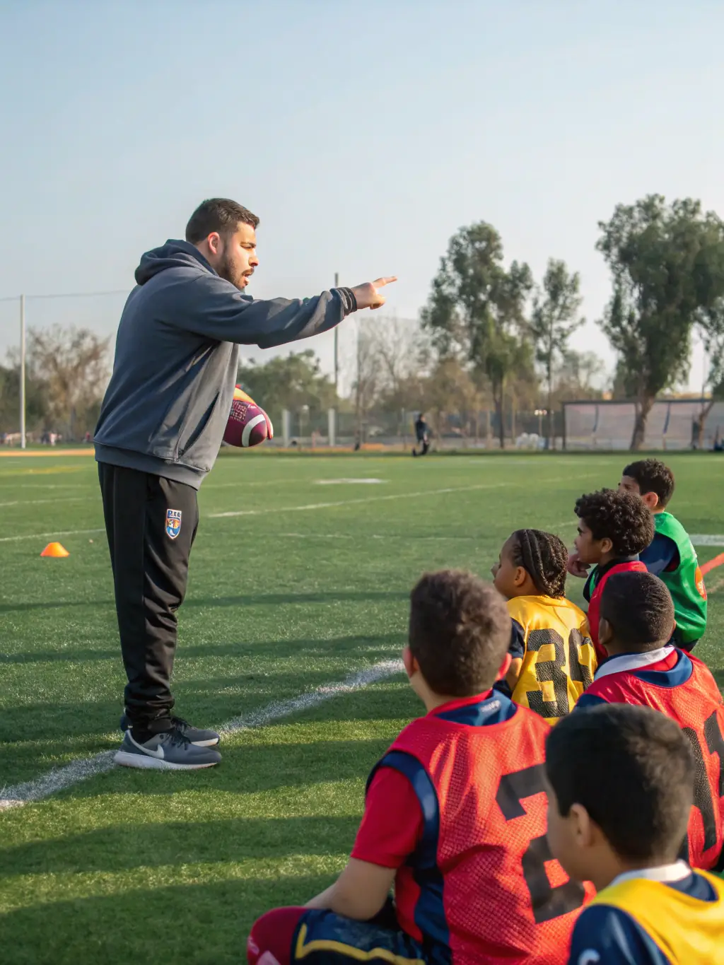 Image of a Lamballe F.C. coach leading a training session for aspiring young players, emphasizing the importance of discipline, sportsmanship, and personal growth.