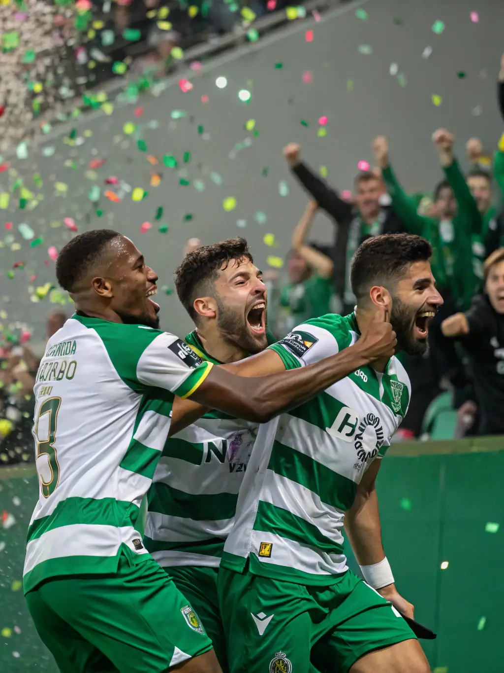 A dynamic photo capturing LAMBALLE F.C. players celebrating a goal during a match, emphasizing the camaraderie and shared success within the team.
