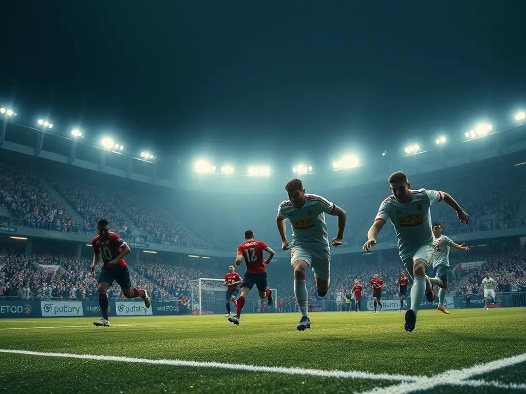 A dynamic shot of adult players competing in a LAMBALLE F.C. senior league match, showcasing the intensity and camaraderie of the game, with spectators cheering from the sidelines.