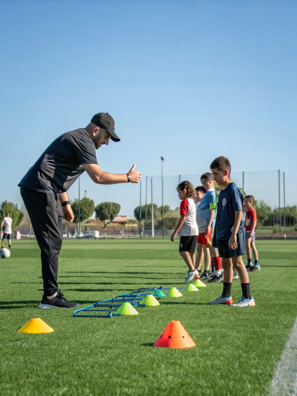 A heartwarming image of young LAMBALLE F.C. players receiving guidance from experienced coaches, illustrating the club's commitment to youth development and mentorship.